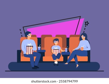 Father, mother and son in 3d glasses sitting in chairs, holding popcorn buckets and soda and watching funny movie in cinema theatre. Vector illustration for family leisure time, entertainment concept