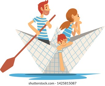 Father, Mother and Son in Blue White Striped T-Shirts Boating on River, Lake or Pond, Family Paper Boat Vector Illustration