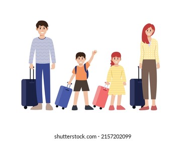 Father, mother, son and daughter with luggages, family travel, vector illustration