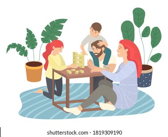 Father, mother, son, daughter playing jenga game sitting at floor on carpet, spend time together, moving blocks, parents playing indoor game with children. Happy family, home activity, people have fun