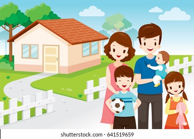 Father, Mother, Son And Daughter Standing Front Their Family Home, House, Building, Landscape, Relationship, Lifestyle 