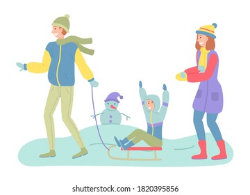 Father, mother and son on a winter walk. Man sledding a child. Family members walking together in cold weather outdoor, happy joint weekend, dad with boy ride on sleigh have fun in a snowy park