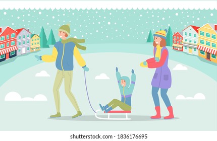 Father, mother and son on a winter walk. Man sledding a child. Family members walking together in cold weather outdoor, happy joint weekend, dad with boy ride on sleigh have fun in a snowy city street