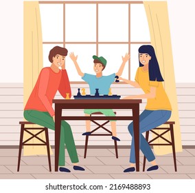 Father, mother and son playing chess sitting on chairs at table in living room at home. Parenthood, dad and mom spend free time with child. Couple with teenage boy enjoying fun time with table game