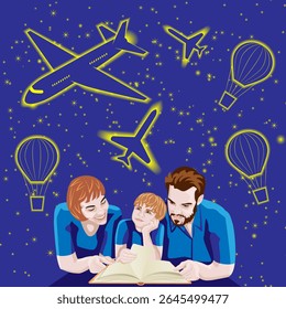 Father, mother and son read book. Magical sky with airplanes, hot air balloons. International Book Lovers Day. Banner. Isolated vector illustration.