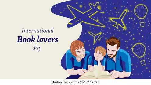 Father, mother and son read book. Magical sky with airplanes, hot air balloons. Book Lovers Day. Horizontal template. Isolated vector illustration.