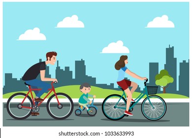 father, mother and son riding bikes with children in the park, vector illustrations