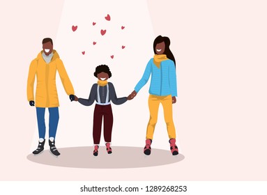 father mother and son skating ice rink african american family wearing winter clothes holding hands holiday activities concept female male cartoon characters full length flat