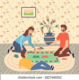 Father, mother, son teenager playing monopoly at floor, people spend time together. Parents and kid playing indoor game at home. Happy family, home activity, people have fun. Cartoon characters