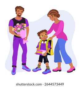 Father, mother, and son are walking to school. Joyful family scene, care, and parenting. Loving parents and child are talking and smiling. Vector flat illustration.