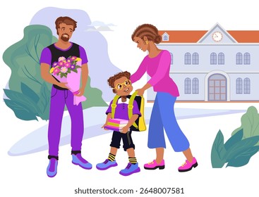 Father, mother, and son are walking to school. Happy family concept. Joyful family, parenting. Loving parents and child are talking and smiling. Flat vector illustration of mom, dad and schoolboy.