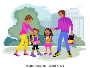 Father, mother, and son are walking to school through the park. Joyful family scene, care, and parenting. Loving parents and child are talking and smiling. Happy family. Vector flat illustration.