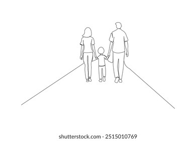 Pai, mãe e filho caminhando juntos desenho artístico de uma linha. Vetor de contorno contínuo da família.	