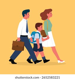 Pai, mãe e filho homem de trabalho com pasta, mulher com sua bolsa e menino de escola com bolsa de escola andando amarelo Blog