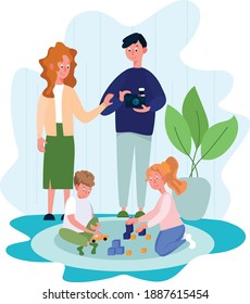 Father and mother are taking a picture of their playing children boy and girl. The concept of happy family and marriage. Flat design Illustration. Vector.