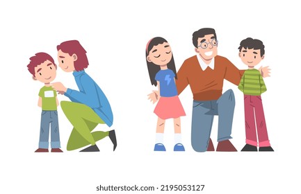 Father and Mother Talking to Their Son and Daughter Supporting Vector Illustration Set