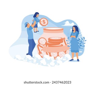 Father and mother teach children to save money. Storing money in glass jars. Saving Money concept. Flat vector illustration.