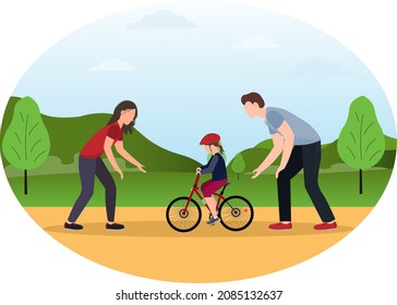 Father And Mother Teach Their Child To Ride A Bike In The Park, Happy Family Concept, World Bycicle Day Concept, Flat Vector Illustration