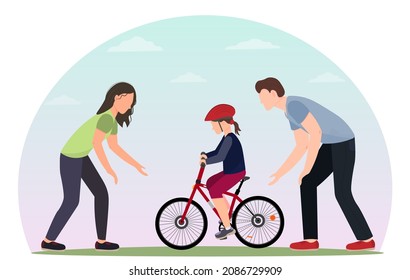 Father and mother teach their child to ride a bike in the park, happy family concept, world bycicle day concept, flat vector illustration