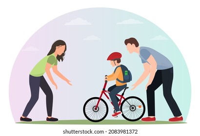 Father And Mother Teach Their Son To Ride A Bike, Happy Family Concept, World Bycicle Day Concept, Flat Vector Illustration