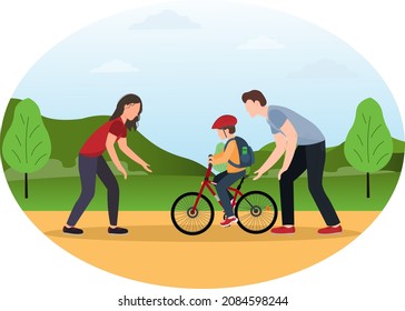 Father And Mother Teach Their Son To Ride A Bike In The Park, Happy Family Concept, World Bycicle Day Concept, Flat Vector Illustration