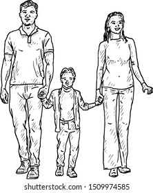 A father, mother and their child for the concept nuclear family. Hand drawn vector illustration. 