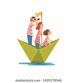 Father, Mother and Their Child in Red White Striped T-Shirts Boating on River, Lake or Pond, Family Paper Boat Vector Illustration