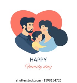 Father and mother and their daughte hugging. Happy Family day card. Vector illustration for your dizaine, banner, card.