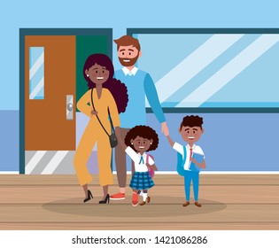 father and mother with their girl and boy with backpack
