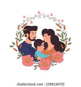 Father and mother and their son hugging. Mother's day card about mother's love and care. Vector illustration for your dizaine, banner, card.