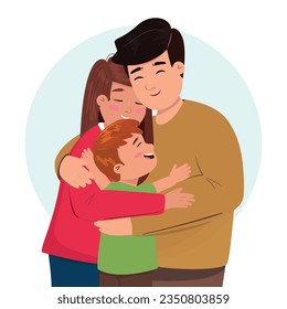 Father, mother and their son hugging each other. Family, love, parenthood, childhood, happiness concept illustration. Mother's Day. Father's day