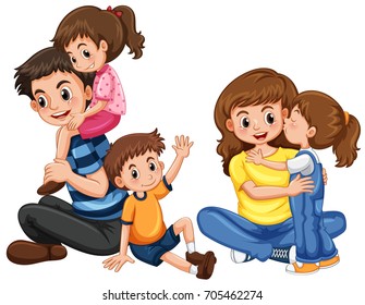 Father and mother with three kids illustration