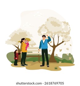 Father, mother and two children are walking in the park. Enjoying the beauty of autumn. Flat vector illustration.