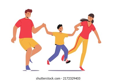 Father and Mother Walk with Child Holding Hands. Happy Family Characters Parents with Boy Spend Time Together, Activity, Outdoors Walking and Communicate. Cartoon People Vector Illustration