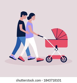 Father and mother walk with a stroller.
Baby sleeps in a stroller.
Vector illustration in a flat style.