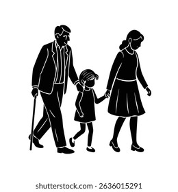 Father and mother walking holding hands of child silhouette