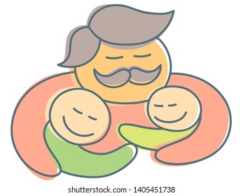 Father with mustache hug children at Father's day - illustration in unusual style as symbol of parenting and happiness