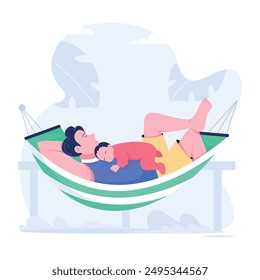 Padre siesta con el bebé en hamaca, ilustración plana 