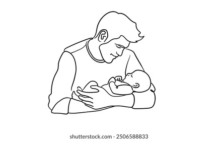 Father and newborn continuous line art drawing isolated on white background. Fathers day. Vector illustration