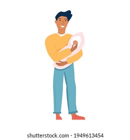 A father with a newborn daughter in his arms smiles. Isolated character on a white background. Young father with his daughter. Vector illustration, cartoon