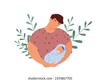 Father with newborn son on his hands. Vector illustration