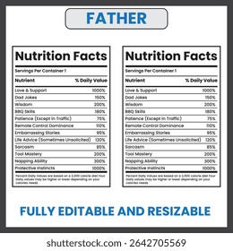 Father Nutrition Facts Label – Funny Flat Style Dad Traits and Values Chart on White Background