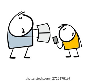 Padre ofrece niño alternativo, para reemplazar gadget con libro. Ilustración vectorial de niño mirando el teléfono, hombre hablando de los beneficios de leer y desarrollar inteligencia. Para resolver el problema.