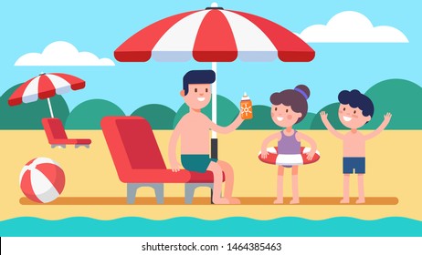 Father on deck chair under beach umbrella giving son, daughter sunscreen lotion. Kids having fun sunbathing with sun protection. Sea shore family summer vacation holidays. Flat vector illustration