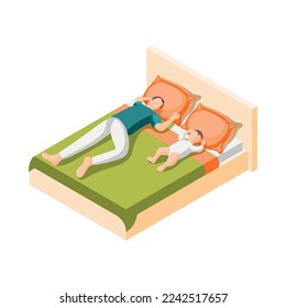 Padre en licencia de maternidad icono isométrico con papá cansado durmiendo con bebé en la cama Ilustración vectorial 3d