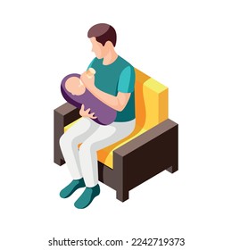 Father on maternity leave isometric icon with dad feeding baby from bottle 3d vector illustration