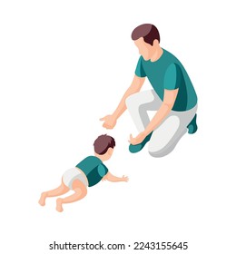 Father on maternity leave isometric icon with dad spending time with baby vector illustration