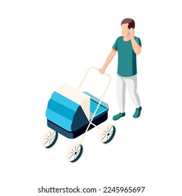 Father on maternity leave isometric icon with dad walking with baby in carriage vector illustration