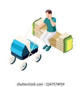 Father on maternity leave isometric icon with dad walking with baby in park 3d vector illustration