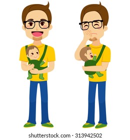 Father on two different poses holding baby with baby carrier and holding upset baby while covers nose with hand showing bad smell from baby diaper